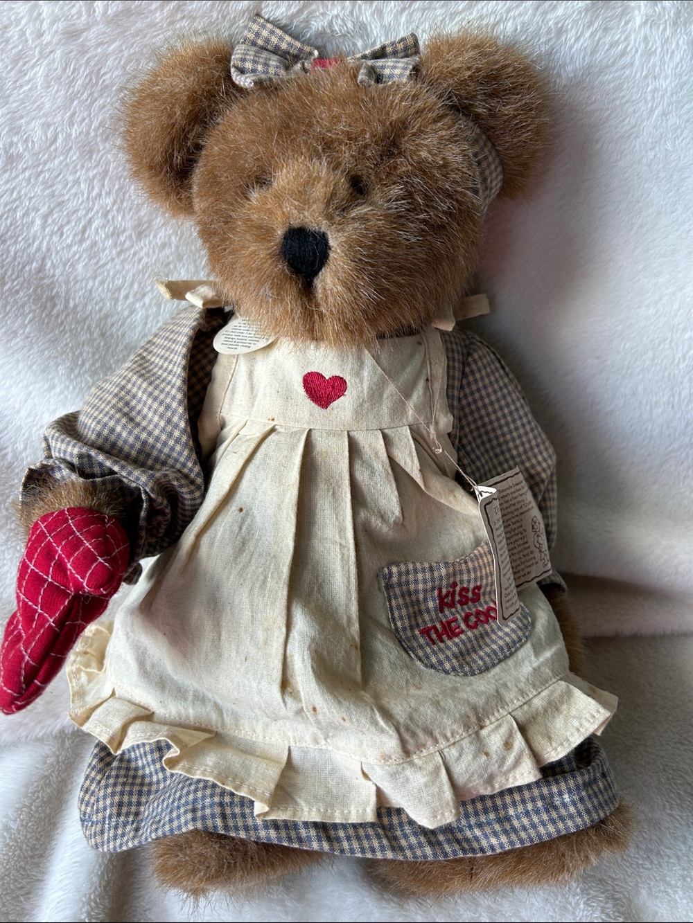 Vintage Boyd “Kiss the cook” Brown Plush Bear with Cream Dress and Red Heart